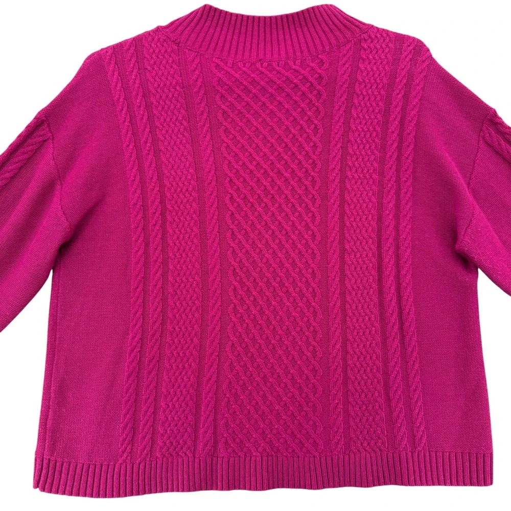 Talbots Womens XL Magenta Cable Knit Mock Neck Sweater Gold Button Cuffs